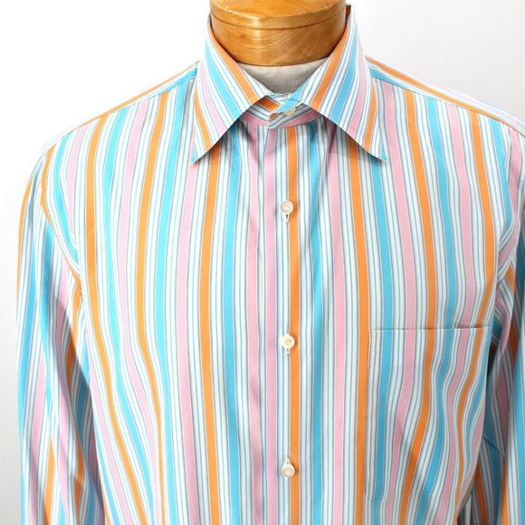 ISAIA Napoli Men's Shirt Multicolor Cotton Striped Long Sleeve Button Front L - Picture 3 of 16
